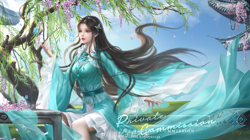 1girl absurdres arm_up braid bug butterfly chair closed_mouth clouds collar douluo_dalu dress falling_petals floating_hair frilled_collar frilled_sash frills green_dress highres hua_wei_yang ning_rongrong_(douluo_dalu) outdoors petals sash second-party_source sitting solo table tiara tree watermark