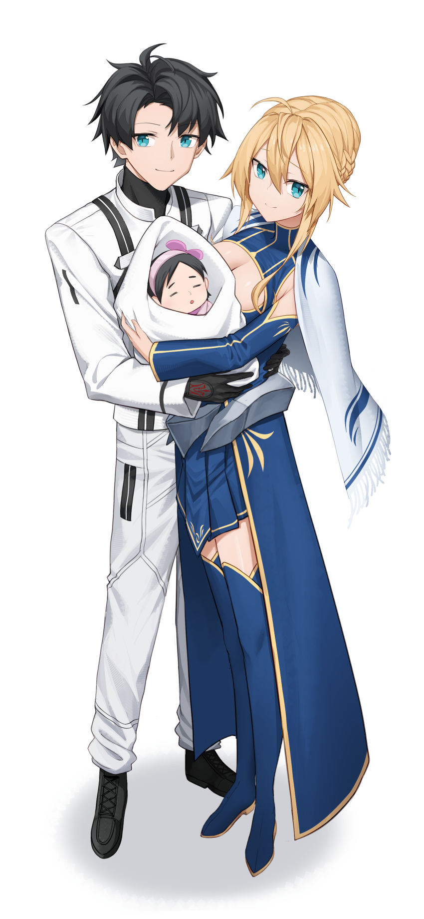 1boy 1girl absurdres artoria artoria_pendragon_(fate) artoria_pendragon_(lancer)_(fate) baby black_hair blonde_hair cape commission faldues_(gavin_b) family fate/grand_order fate_(series) fujimaru_ritsuka_(male) hand_tattoo happy highres hug leotard pixiv_commission smile tattoo