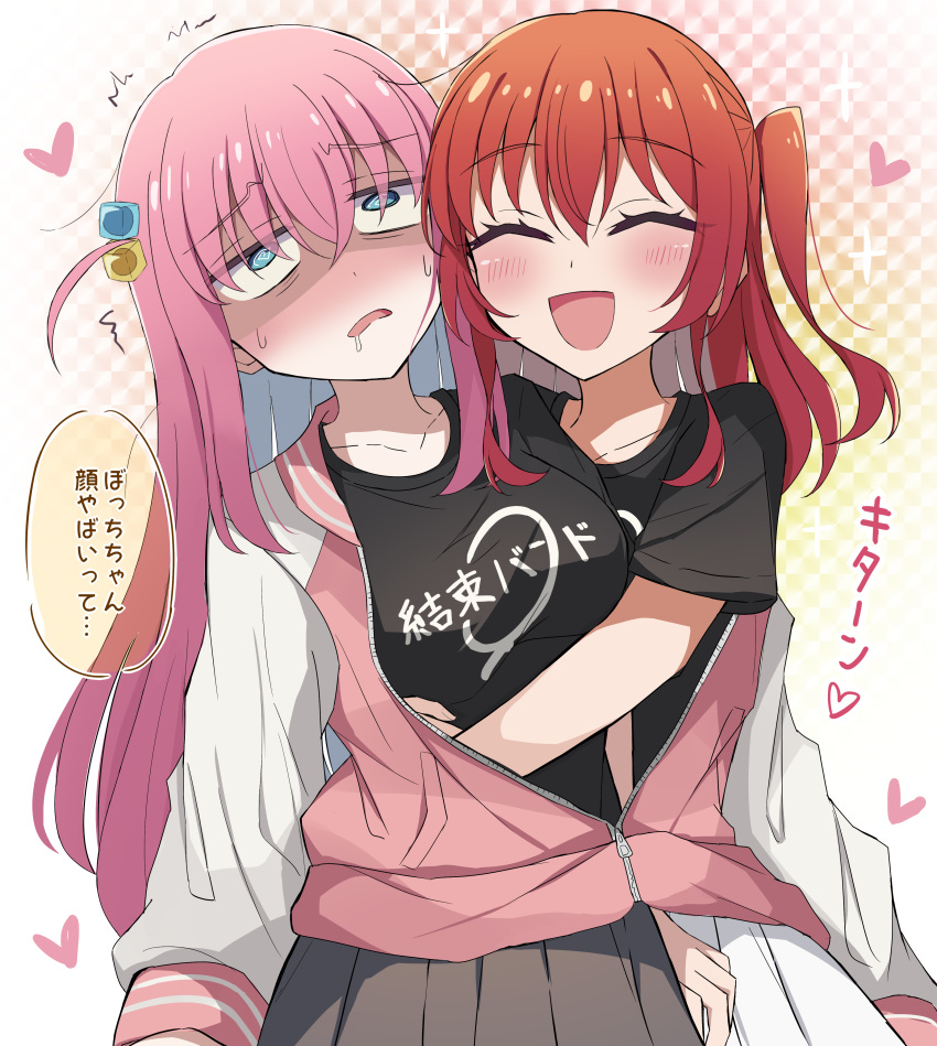 2girls :d @_@ ^_^ absurdres black_shirt black_skirt blue_eyes blush bocchi_the_rock! breasts checkered_background closed_eyes commentary cube_hair_ornament drooling eyes_visible_through_hair furrowed_brow gotou_hitori hair_between_eyes hair_ornament heart highres hug jacket kita_ikuyo long_hair long_sleeves medium_breasts meiji_(meizi493) miniskirt mouth_drool multiple_girls nervous one_side_up open_mouth pink_hair pink_jacket pleated_skirt redhead rolling_eyes shaded_face shirt short_sleeves side_ponytail simple_background skirt smile sparkle speech_bubble sweat translated trembling very_long_hair white_background yuri