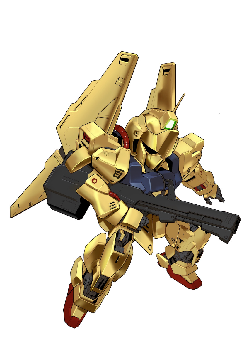 absurdres beam_rifle chibi commentary_request energy_gun full_body gun gundam highres holding holding_gun holding_weapon hyaku_shiki mecha mobile_suit no_humans robot science_fiction sd_gundam simple_background solo weapon white_background zakuma zeta_gundam