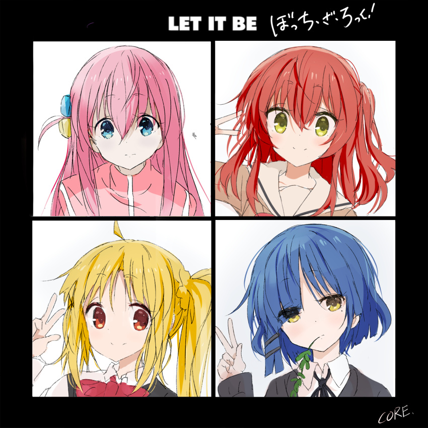 4girls ahoge album_cover album_cover_redraw artist_name black_border black_ribbon blonde_hair blue_eyes blue_hair bocchi_the_rock! border bow bowtie closed_mouth collarbone collared_shirt copyright_name core_(mayomayo) cover cube_hair_ornament derivative_work dot_nose eyes_visible_through_hair gotou_hitori hair_between_eyes hair_ornament hairclip head_tilt highres ijichi_nijika kita_ikuyo let_it_be light_blush long_hair looking_at_viewer medium_hair mole mole_under_eye multiple_girls neck_ribbon one_side_up parody pink_hair pink_track_suit red_bow red_bowtie red_eyes ribbon sailor_collar school_uniform shirt short_hair shuka_high_school_uniform side_ponytail sidelocks smile split_mouth the_beatles title track_suit v w white_background white_sailor_collar yamada_ryou yellow_eyes