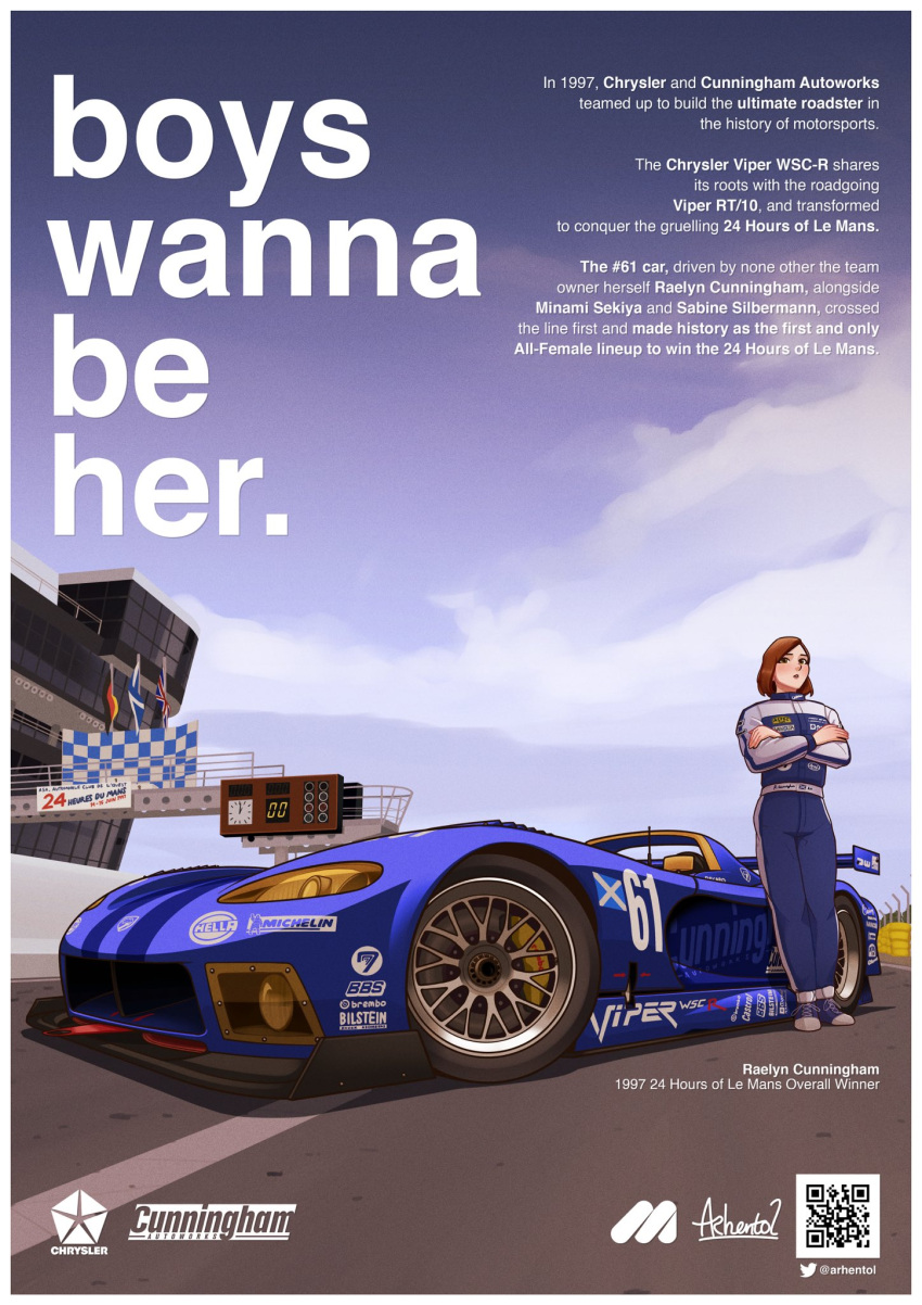 1girl :o arhentol blue_jumpsuit blush brown_hair car character_name checkered_flag clouds crossed_arms dodge dodge_viper english_commentary english_text flag highres jumpsuit looking_at_viewer motor_vehicle original qr_code race_vehicle racecar racing_suit raelyn_cunningham short_hair signature sky spoiler_(automobile) vehicle_focus vehicle_name
