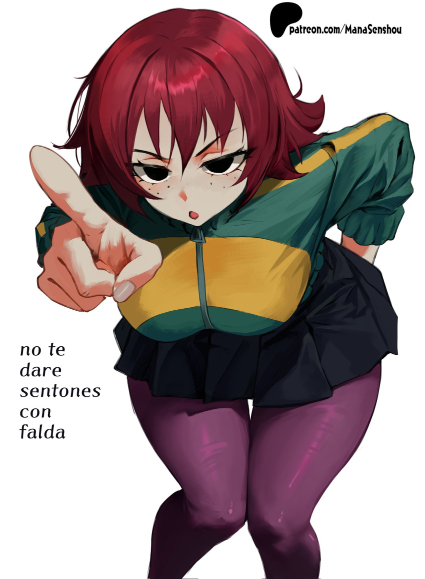 black_eyes black_skirt freckles grumpy highres index_finger_raised jacket kim_pine leaning_forward leggings mana_(manasenshou) multicolored_jacket pointing purple_leggings red_hair scott_pilgrim_(series) scott_pilgrim_takes_off short_hair skirt solid_circle_eyes spanish_commentary spanish_text two-tone_jacket white_nails