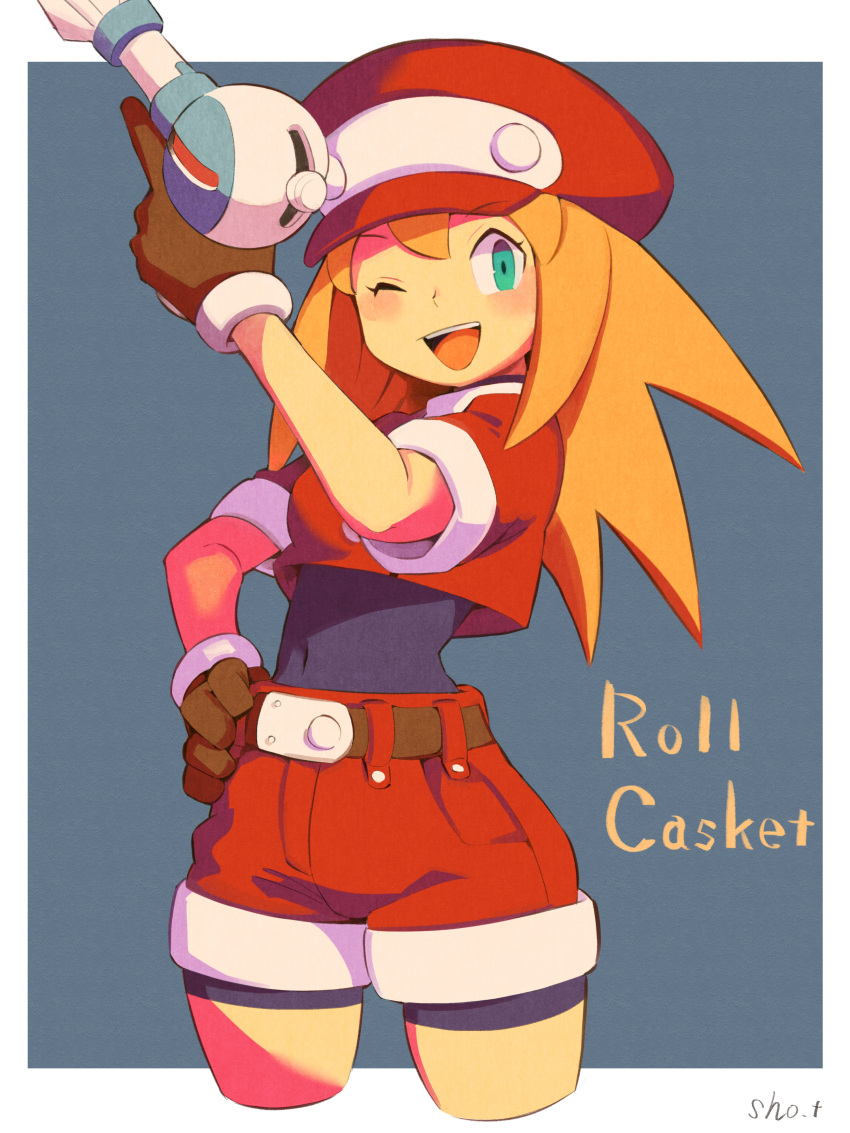 1girl absurdres bike_shorts bike_shorts_under_shorts brown_gloves cabbie_hat cropped_jacket gloves green_eyes hat highres jacket jumpsuit long_hair looking_at_viewer mega_man_(series) mega_man_legends open_mouth red_headwear red_jacket red_jumpsuit red_shorts roll_caskett_(mega_man) sho.t shorts smile solo spandex