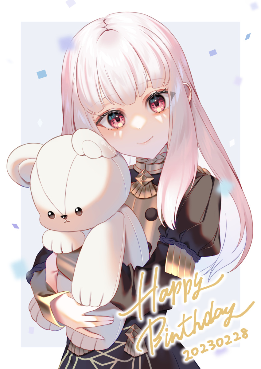 1girl 2023 absurdres buttons closed_mouth commentary_request confetti dated english_text fire_emblem fire_emblem:_three_houses garreg_mach_monastery_uniform hair_between_eyes happy_birthday head_tilt highres holding holding_stuffed_toy juliet_sleeves kita_282 long_hair long_sleeves looking_at_viewer lysithea_von_ordelia pink_eyes puffy_sleeves smile solo stuffed_animal stuffed_toy teddy_bear uniform white_hair