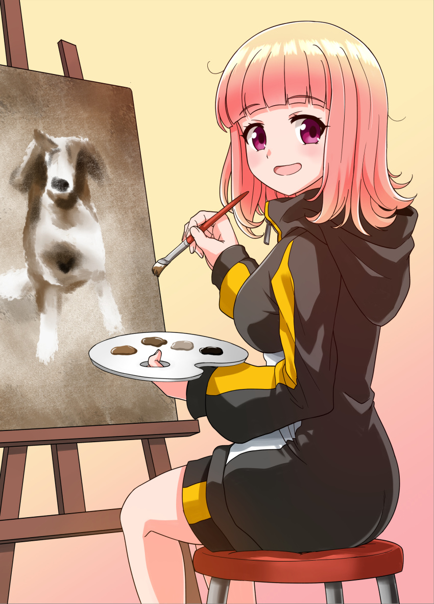 absurdres blunt_bangs breasts canvas_(object) easel gradient_background highres holding holding_paintbrush hood hoodie large_breasts looking_at_viewer masamurai open_mouth paint paintbrush painting_(action) palette_(object) pink_eyes pink_hair short_hair sitting smile stool tv_tokyo