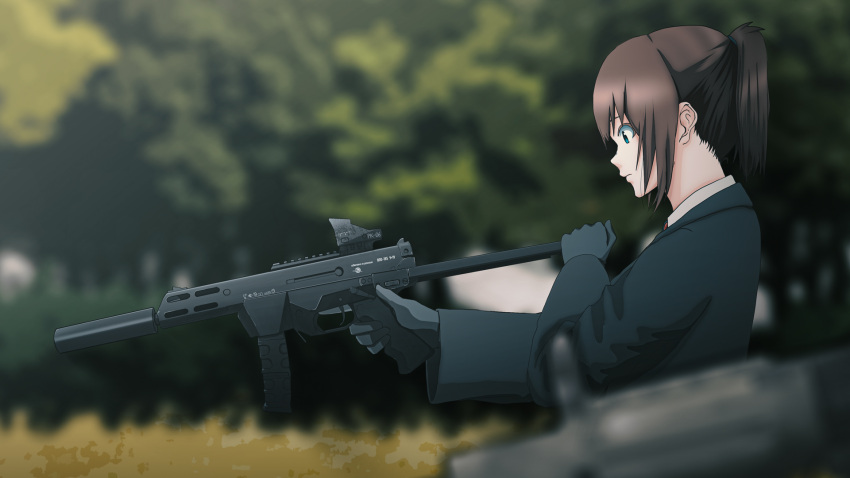 1girl black_gloves black_jacket blue_eyes blurry blurry_background blurry_foreground brown_hair closed_mouth from_side gloves gun highres holding holding_gun holding_weapon houtinti jacket long_sleeves original outdoors ponytail profile sidelocks solo suppressor type_79_smg weapon
