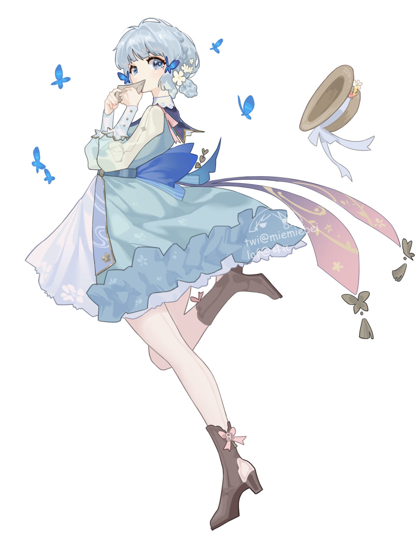 1girl absurdres blue_dress blue_eyes blue_hair boots brown_footwear brown_headwear bug butterfly butterfly_hair_ornament covering_mouth dress flower from_side full_body genshin_impact hair_ornament hands_up headwear_removed high_heel_boots high_heels highres holding holding_letter kamisato_ayaka kamisato_ayaka_(springbloom_missive) letter light_blue_hair lofter_username long_sleeves looking_at_viewer miemiebei official_alternate_costume official_alternate_hairstyle simple_background solo twitter_username watermark white_background white_flower