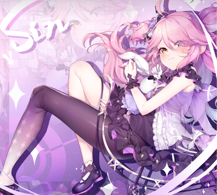 1girl benghuai_xueyuan black_skirt blush closed_mouth grey_eyes half_updo heterochromia honkai_(series) honkai_impact_3rd light_purple_hair long_hair multicolored_hair pink_hair shirt short_twintails sin_mal sin_mal0909 skirt smile solo split-color_hair twintails white_shirt yellow_eyes