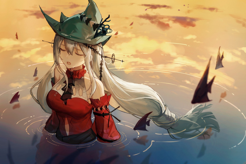 1girl aqua_headwear arknights ascot black_ascot closed_eyes clouds commentary crying crying_with_eyes_open detached_sleeves dress grey_hair hair_between_eyes hair_ornament hair_stick hat highres long_hair low-tied_long_hair official_alternate_costume open_mouth outdoors partially_submerged qinglai_haiji red_dress red_sleeves reflection ripples skadi_(arknights) skadi_the_corrupting_heart_(arknights) sleeveless sleeveless_dress solo tears upper_body water wet