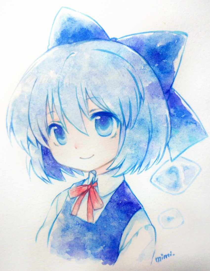 1girl artist_name blue_bow blue_eyes blue_hair blue_vest bow cirno closed_mouth commentary_request cropped_torso hair_between_eyes hair_bow highres ice ice_wings mimi_(ikrptppt) neck_ribbon one-hour_drawing_challenge painting_(medium) red_ribbon ribbon shirt short_hair smile solo touhou traditional_media vest watercolor_(medium) white_shirt wings