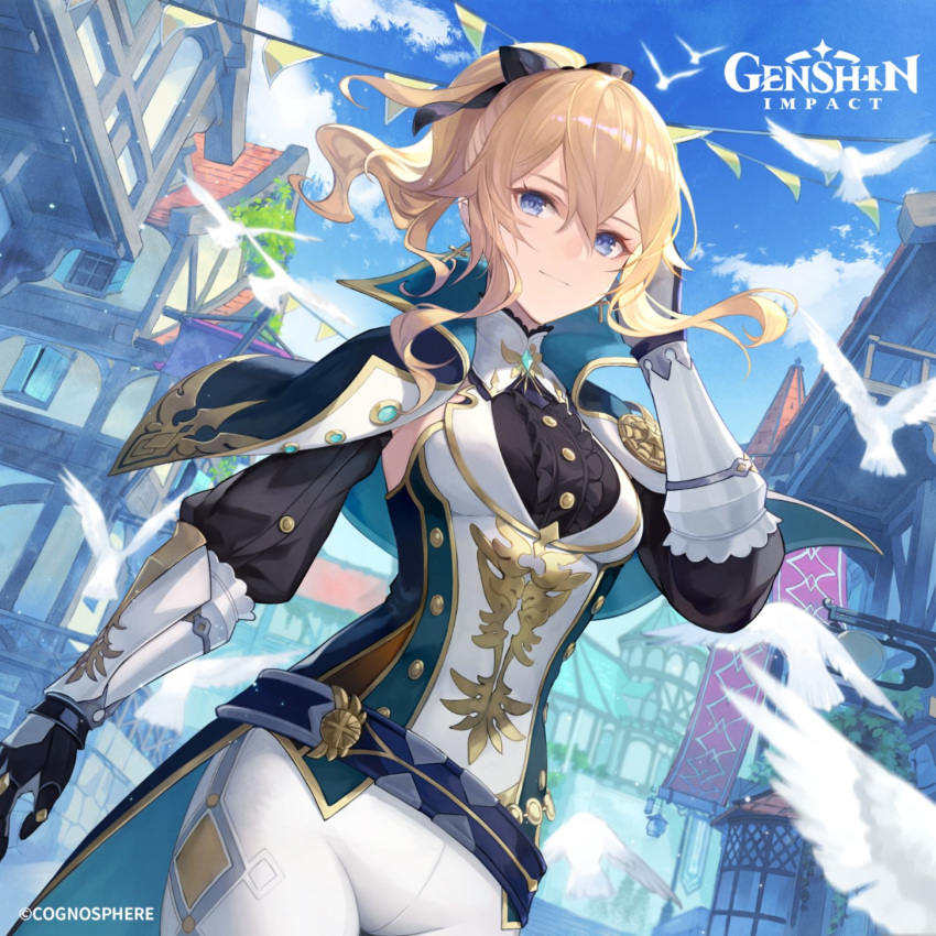 1girl black_gloves blonde_hair blue_capelet blue_eyes bow breasts capelet detached_sleeves genshin_impact gloves hair_between_eyes hair_bow highres jean_(genshin_impact) jean_(gunnhildr's_legacy)_(genshin_impact) long_hair looking_at_viewer official_alternate_costume official_art pants ponytail sidelocks smile solo tagme white_pants