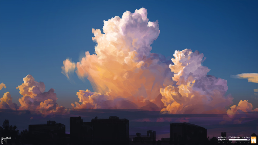 blue_sky building city clouds evening highres no_humans original outdoors scenery sky yucong_tang