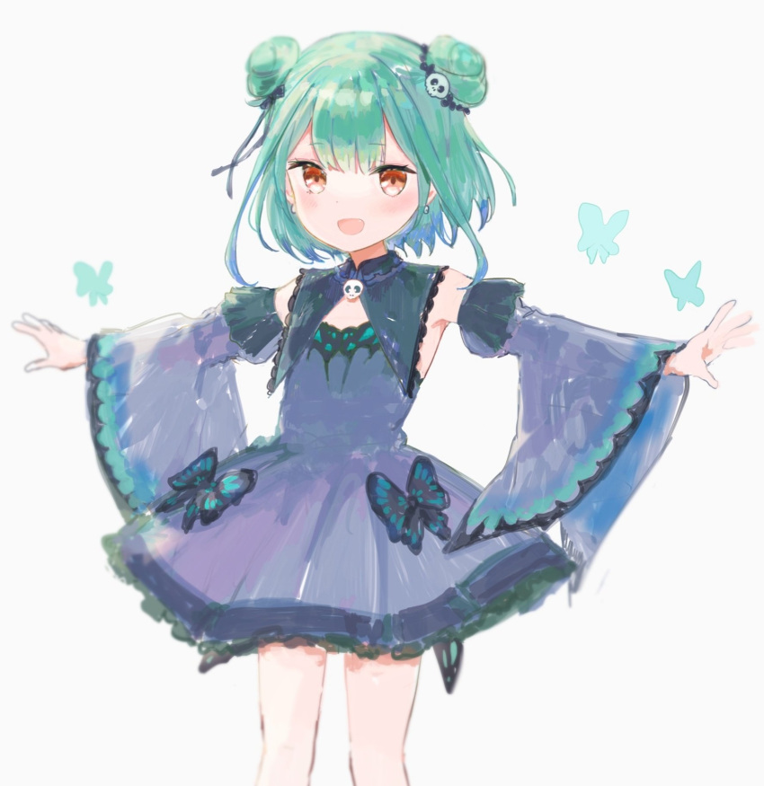 1girl blue_dress blue_hair blue_sleeves blush bug butterfly detached_sleeves double_bun dress flat_chest green_hair hair_bun hair_ornament hair_ribbon highres hololive looking_at_viewer multicolored_hair nprmtp open_mouth red_eyes ribbon simple_background skull_hair_ornament solo uruha_rushia virtual_youtuber wide_sleeves