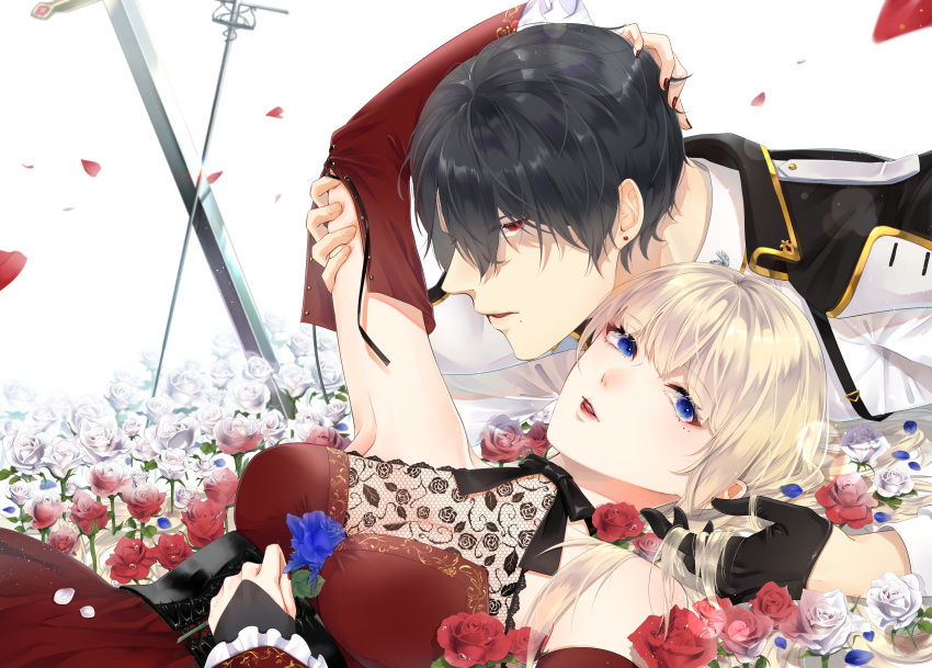 1boy absurdres bare_shoulders bishounen black_bow black_corset black_gloves black_hair black_ribbon blonde_hair blue_eyes blue_flower blue_rose blunt_bangs blurry bokeh bow corset depth_of_field dress earrings falling_petals fingerless_gloves flower frilled_sleeves frills glint gloves hand_on_another's_head highres holding_another's_hair jewelry kamui-heizu-968 lace lace_dress lens_flare long_hair looking_at_viewer lying mole mole_under_eye mole_under_mouth multiple_moles open_mouth original petals profile red_dress red_eyes red_flower red_lips red_nails red_rose ribbon rose short_hair sparkle stud_earrings sword weapon white_flower white_rose