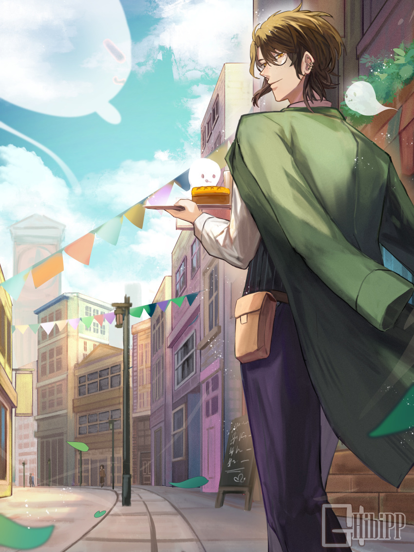 1boy absurdres artist_name black_pants brown_eyes brown_hair building city clouds commission ear_piercing ghost hibipp highres jacket jacket_on_shoulders lamppost looking_back male_focus medium_hair pants piercing pixiv_commission pouch road sandwich_board solo standing street string_of_flags