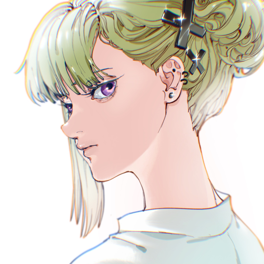 1boy alternate_hairstyle androgynous blonde_hair blunt_bangs closed_mouth cross cross_hair_ornament earrings from_behind green_hair hair_bun hair_ornament hair_up hairclip highres inverted_cross jewelry lio_fotia lonelyspirit looking_at_viewer looking_back male_focus nape portrait promare shirt short_hair sidelocks simple_background single_hair_bun solo stud_earrings updo violet_eyes white_background white_shirt