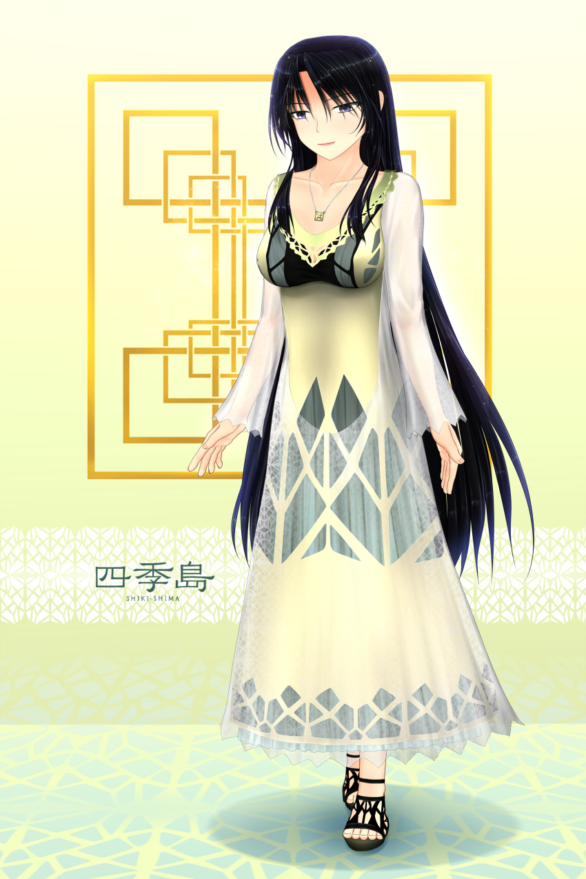 1girl absurdres black_footwear black_hair collarbone dress east_japan_railway_company english_text ground_vehicle highres japan_railways jewelry kanji logo long_hair necklace personification rene_(e311) solo toeless_footwear train train_suite_shiki-shima violet_eyes