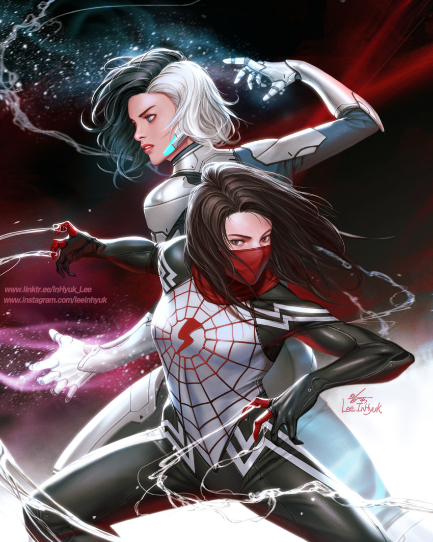 2girls artist_name black_hair blue_eyes bodysuit brown_eyes character_request cindy_moon english_text highres in-hyuk_lee marvel mask medium_hair multicolored_hair multiple_girls signature silk silk_(marvel) spider-man_(series) spider_web split-color_hair two-tone_hair web_address white_hair