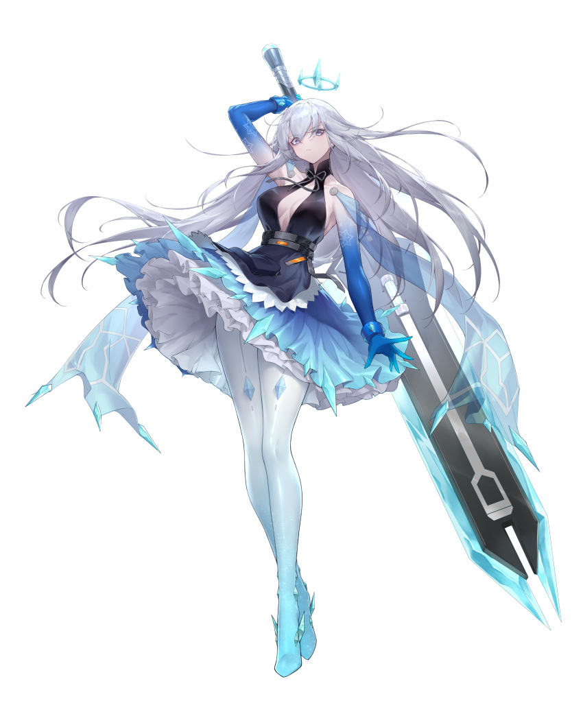 absurdres center_opening claymore_(sword) crown expressionless floating_crown frilled_straps full_body gradient_footwear gradient_skin greatsword grey_hair hand_up highres holding holding_sword holding_weapon ice long_hair meryl_(tower_of_fantasy) metal_belt official_art shanyao_jiang_tororo solo standing sword tachi-e tower_of_fantasy weapon weapon_behind_back