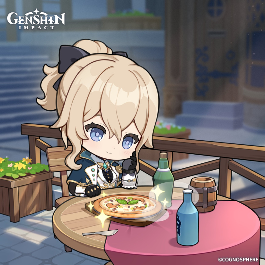 1girl black_gloves black_ribbon blonde_hair blue_capelet blue_eyes blurry blurry_background bottle capelet chair chibi closed_mouth commentary copyright_name english_commentary food genshin_impact gloves hair_between_eyes hair_ribbon hand_up high_ponytail highres jean_(genshin_impact) jean_(gunnhildr's_legacy)_(genshin_impact) knife light_smile mushroom official_alternate_costume on_chair outdoors pizza ribbon sitting solo sparkle steam table tablecloth