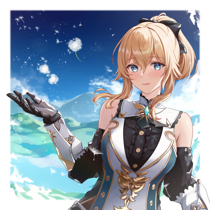 1girl bare_shoulders blonde_hair blue_capelet blue_eyes blue_sky blush border bow breasts capelet clouds dandelion dandelion_seed day detached_sleeves flower genshin_impact hair_bow highres jean_(genshin_impact) jean_(gunnhildr's_legacy)_(genshin_impact) large_breasts looking_at_viewer mon-chan mountainous_horizon multicolored_capelet official_alternate_costume open_mouth outdoors outside_border ponytail sidelocks sky smile solo white_border