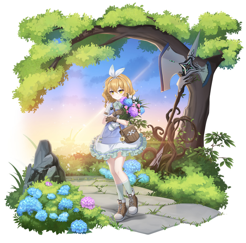 1girl absurdres axe bag blonde_hair bouquet bush counter:side gloves hair_between_eyes hair_ornament highres holding holding_bouquet kaci_bins looking_at_viewer outdoors rock sky socks solo tree yellow_eyes