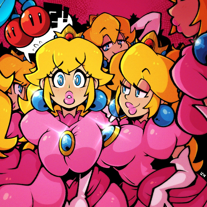 ! 1girl ? ass blonde_hair blue_eyes breasts cherry crown double_cherry dress earrings elbow_gloves food fruit gloves highres jewelry large_breasts legendofnerd lips multiple_views pink_dress pink_gloves pink_lips princess_peach super_mario_3d_world super_mario_bros.