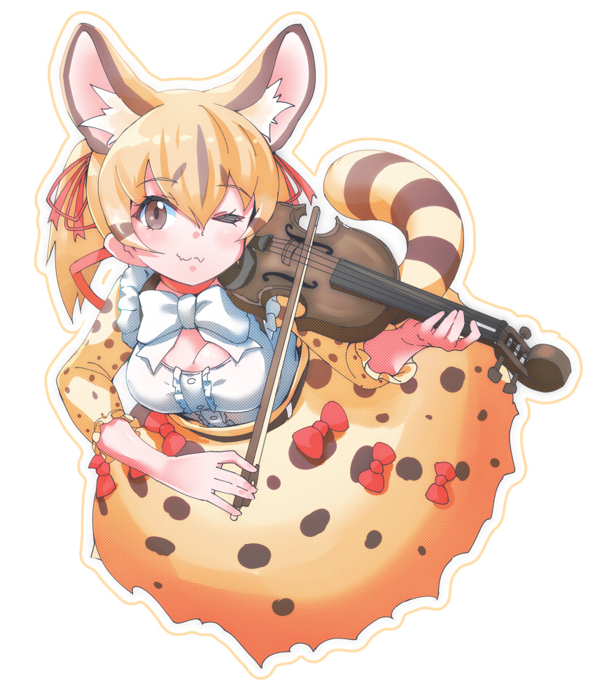 1girl absurdres animal_ears belt bow bow_(music) bowtie brown_eyes brown_hair cat_ears cat_girl cat_tail extra_ears highres holding holding_instrument instrument kemono_friends kemono_friends_v_project large-spotted_genet_(kemono_friends) long_hair looking_at_viewer lowlandgorilla one_eye_closed ribbon shirt simple_background skirt solo suspenders tail twintails violin virtual_youtuber
