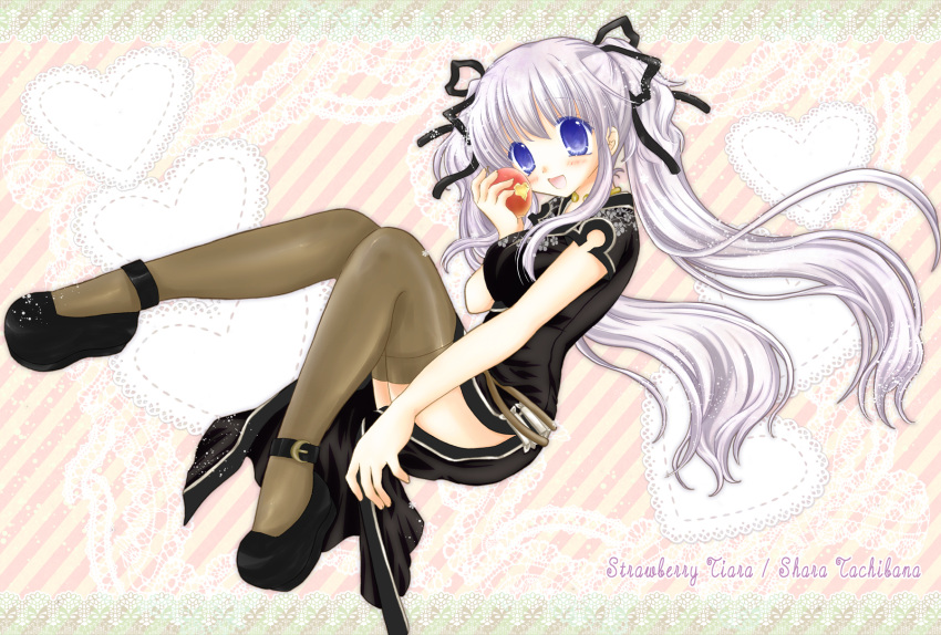 1girl :d artist_name black_dress black_footwear black_ribbon blue_eyes blush breasts brown_thighhighs china_dress chinese_clothes dress fingernails floral_print full_body grey_hair hair_between_eyes hair_ribbon hand_up heart highres jewelry knees_together_feet_apart lace_background lace_border long_hair looking_at_viewer mabinogi medium_breasts nao_(mabinogi) neck_ring open_mouth print_dress ribbon shararan shoes side_slit sidelocks smile solo striped striped_background thigh-highs twintails very_long_hair