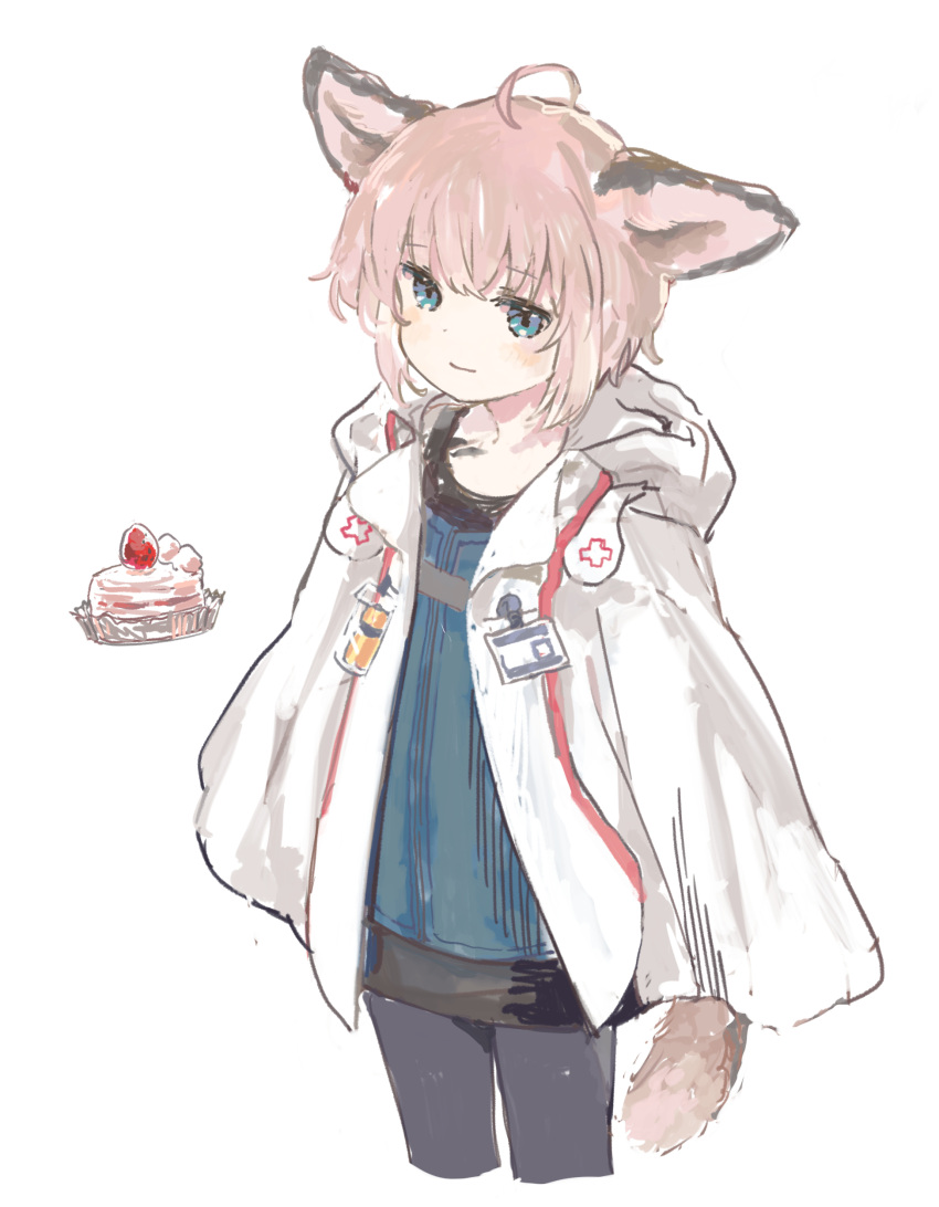1girl absurdres animal_ears arknights black_pantyhose blue_eyes cloak cropped_legs cross food fox_ears fox_girl fox_tail highres hood hood_down long_sleeves looking_at_viewer nprmtp open_clothes pantyhose pink_hair red_cross short_hair simple_background solo sussurro_(arknights) tail white_background white_cloak