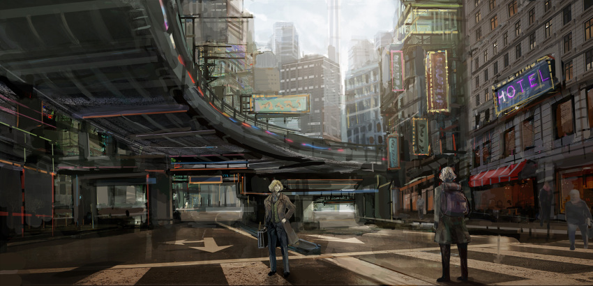 2boys ad backpack bag billboard black_pants blonde_hair briefcase brown_coat building city coat crosswalk day highres holding holding_briefcase looking_at_another multiple_boys original outdoors overpass pants road scenery short_hair standing street yamaneko8686