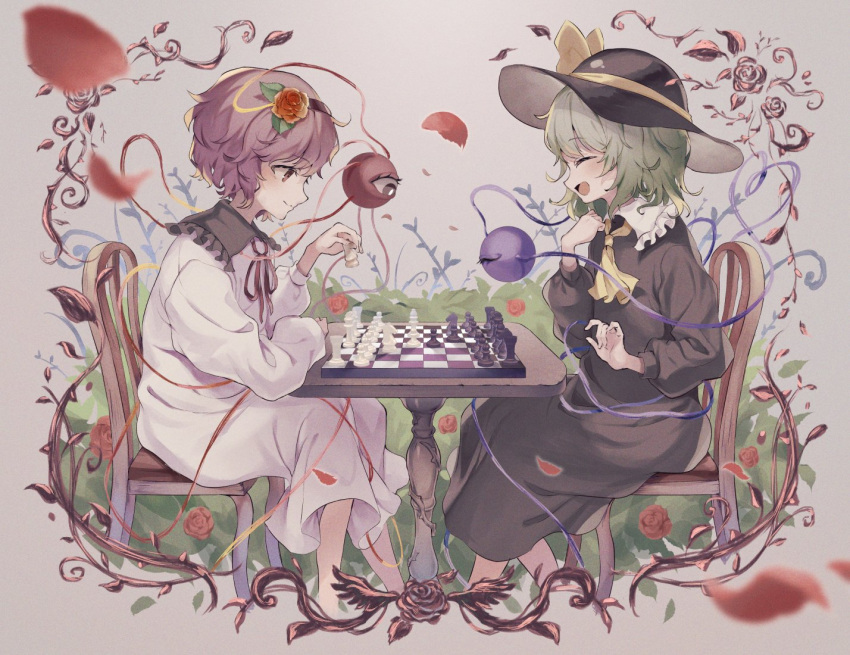 2girls black_dress black_headwear board_game chair chess dress floral_background floral_print green_hair komeiji_koishi komeiji_satori multiple_girls purple_hair sekisei_(superego51) table touhou white_background white_dress wooden_chair