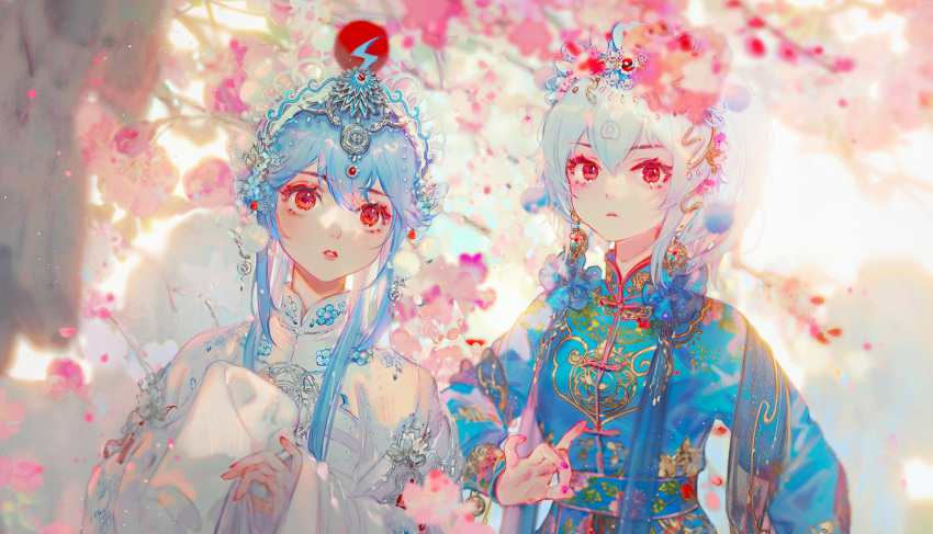 2girls blue_hair cherry_blossoms chinese_clothes earrings gem jewelry long_hair long_sleeves looking_at_viewer mian_lang multiple_girls orchid_fingers original peking_opera red_eyes red_gemstone sleeves_past_fingers sleeves_past_wrists snake upper_body white_snake wide_sleeves yaopei