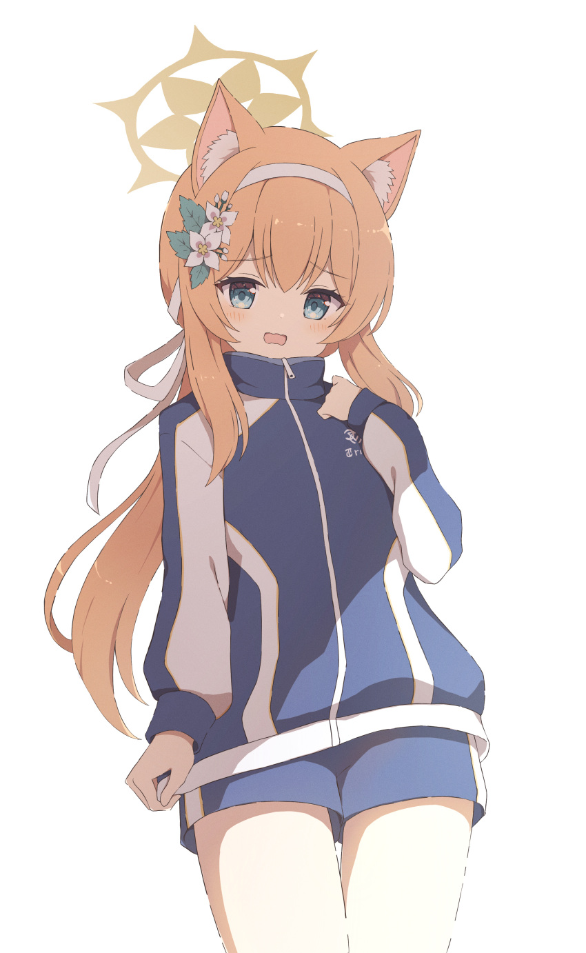 1girl absurdres alternate_costume alternate_hairstyle animal_ears blonde_hair blue_archive blue_eyes blush cat_ears commentary_request flower hair_between_eyes hair_flower hair_ornament highres jacket long_hair looking_at_viewer mari_(blue_archive) mari_(gym_uniform)_(blue_archive) open_mouth ponytail shorts simple_background solo track_jacket tyakomes white_background