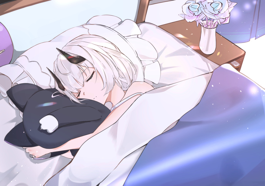 1girl absurdres alternate_costume bed bed_sheet bedroom blue_archive cabinet casual commentary covering_with_blanket curtains demon_girl demon_horns doll_hug flower hair_between_eyes highres horns indoors lying muteppona_hito object_hug on_side pillow rose sena_(blue_archive) short_hair sidelocks sleeping sleeveless solo stuffed_animal stuffed_cat stuffed_toy vase white_flower white_hair white_rose
