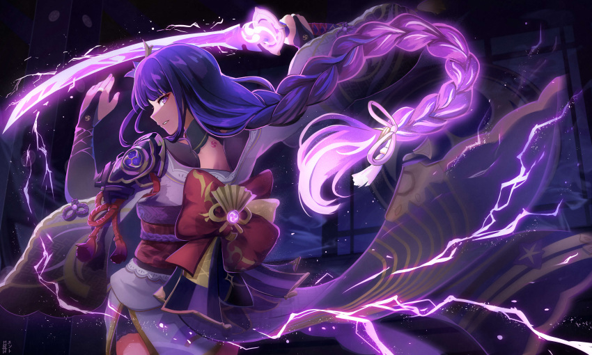 1girl absurdres armor braid braided_ponytail electricity flower genshin_impact glowing glowing_hair glowing_sword glowing_weapon hair_flower hair_ornament highres japanese_clothes kimono long_hair long_sleeves looking_at_viewer miso_soto0610 musou_isshin_(genshin_impact) obi purple_hair purple_kimono raiden_shogun sash shoulder_armor solo tassel tattoo very_long_hair violet_eyes weapon