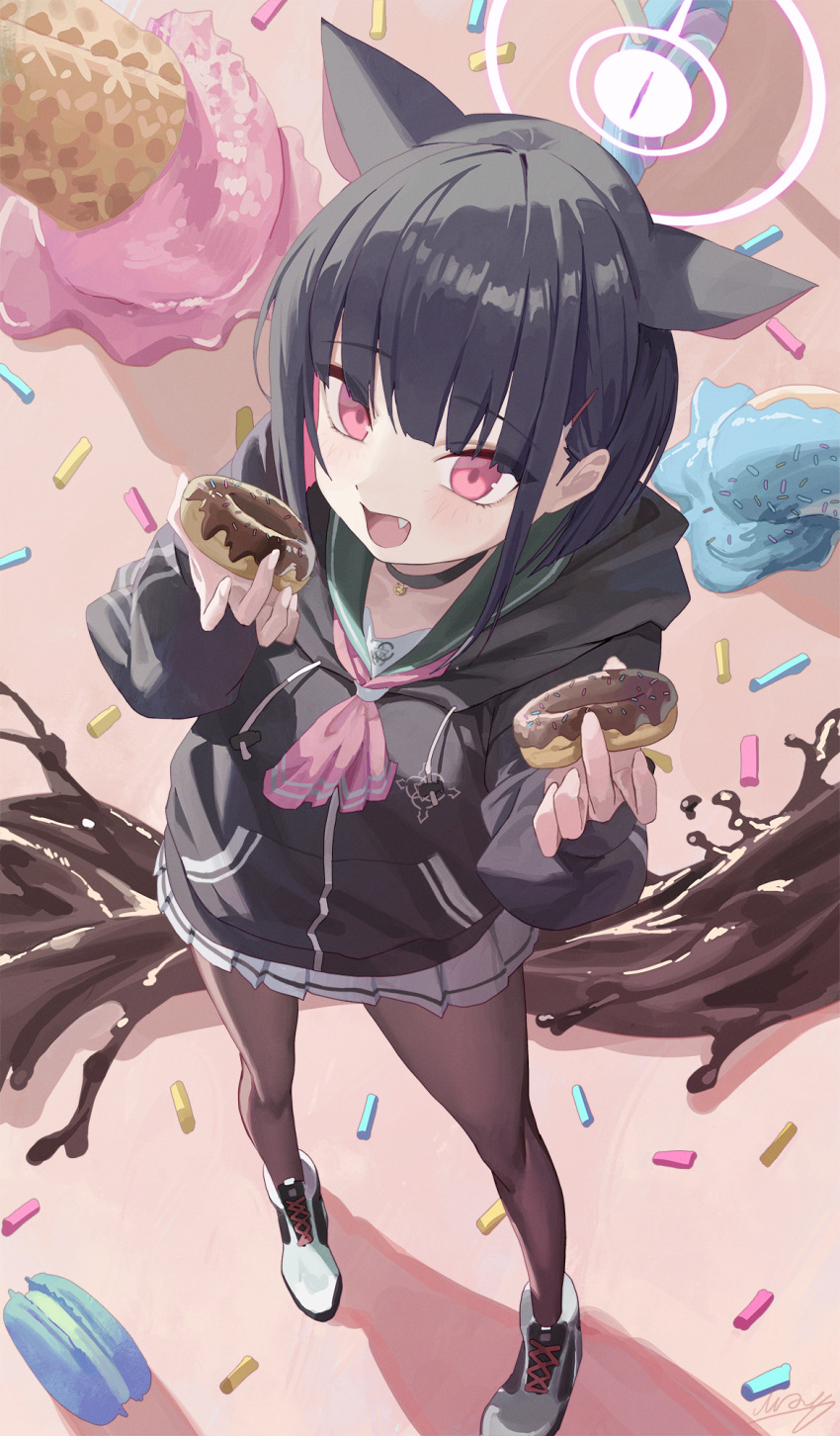 1girl :d animal_ears black_jacket black_pantyhose blue_archive blunt_bangs cat_ears cat_girl chocolate choker collarbone colored_inner_hair commentary_request doughnut dual_wielding food from_above hair_ornament hairclip halo highres holding holding_food hood hooded_jacket ice_cream ice_cream_cone jacket kazusa_(blue_archive) long_sleeves looking_at_viewer looking_up m.q_(mqkyrie) macaron multicolored_hair pantyhose pleated_skirt red_eyes school_uniform serafuku shoes short_hair sidelocks skirt smile sneakers solo two-tone_hair white_skirt