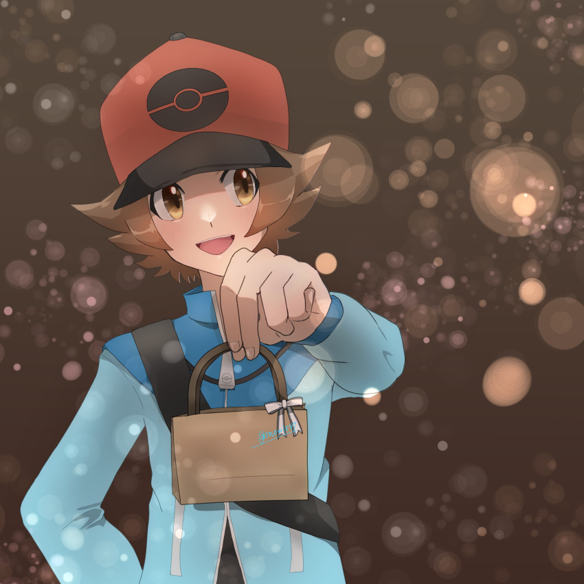 1boy :d bag baseball_cap blue_jacket bow brown_background brown_bag brown_eyes brown_hair commentary_request hat highres hilbert_(pokemon) holding jacket long_sleeves looking_away male_focus open_mouth poke_ball_print pokemon pokemon_(game) pokemon_bw short_hair smile snow_(ffgf7255) solo strap twitter_username watermark zipper_pull_tab