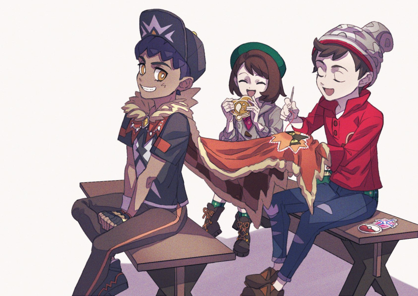 1girl 2boys beanie bench bob_cut boots bright_pupils brown_footwear brown_hair brown_pants buttons cable_knit cape cardigan commentary_request dark-skinned_male dark_skin denim dress gloria_(pokemon) green_headwear green_socks grey_cardigan grey_headwear grin hat highres hooded_cardigan hop_(champion)_(pokemon) hop_(pokemon) jeans komame_(st_beans) multiple_boys official_alternate_costume pants pink_dress plaid plaid_socks pokemon pokemon_(game) pokemon_masters_ex pokemon_swsh protected_link purple_hair red_shirt sewing shirt shoes short_hair short_sleeves sitting smile socks t-shirt teeth torn_clothes torn_jeans torn_pants victor_(pokemon) white_pupils
