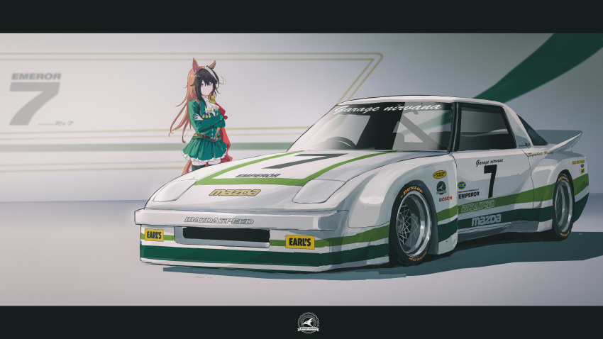 1girl absurdres animal_ears brown_hair car commentary crossed_arms highres horse_ears horse_girl horse_tail long_hair looking_at_viewer mazda mazda_rx-7 motor_vehicle multicolored_hair race_vehicle racecar run_rotary school_uniform shadow solo sponsor sports_car standing streaked_hair symboli_rudolf_(umamusume) tail tracen_school_uniform umamusume vehicle_focus violet_eyes white_hair