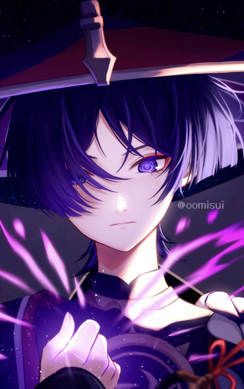 1boy armor artist_name black_shirt blunt_ends closed_mouth commentary_request energy expressionless eyelashes eyeshadow genshin_impact hair_over_one_eye hand_up hat highres japanese_armor japanese_clothes jingasa kote kurokote looking_at_viewer makeup male_focus oomisou parted_bangs purple_background purple_hair red_eyeshadow red_headwear rope scaramouche_(genshin_impact) shirt short_hair sidelocks solo twitter_username upper_body violet_eyes