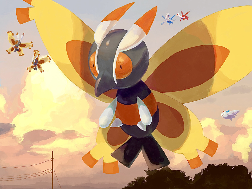 bug clouds commentary_request day flying highres latias latios mothim no_humans outdoors pokemon pokemon_(creature) power_lines sky togekiss utility_pole zai_(3333333333353pk)