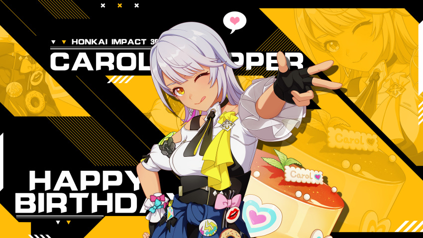 1girl :p breasts cake carole_peppers character_name english_text fingerless_gloves food gloves grey_hair hand_on_hip happy_birthday highres honkai_(series) honkai_impact_3rd looking_at_viewer medium_breasts official_art official_wallpaper one_eye_closed pink_ribbon ribbon short_hair solo three-finger_salute tongue tongue_out upper_body yellow_eyes