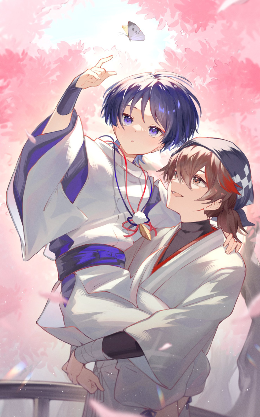 2boys :d :o arm_up armor backlighting bandaged_arm bandages bandana black_bandana black_ribbon black_shirt blush brown_eyes brown_hair bug butterfly carrying cherry_blossoms commentary_request coyo_mi042 detached_sleeves eyeshadow genshin_impact hair_between_eyes highres japanese_armor japanese_clothes kimono kote kurokote layered_sleeves light_particles long_sleeves looking_up low_ponytail makeup male_focus medium_hair multicolored_hair multiple_boys niwa_(genshin_impact) obi open_mouth outdoors pants parted_bangs parted_lips petals pom_pom_(clothes) ponytail purple_butterfly purple_hair purple_sash purple_shirt red_eyeshadow red_ribbon redhead ribbon sash scaramouche_(genshin_impact) scaramouche_(kabukimono)_(genshin_impact) shirt short_hair short_ponytail sidelocks smile standing sunlight tree undershirt vest violet_eyes white_kimono white_pants white_vest wide_sleeves