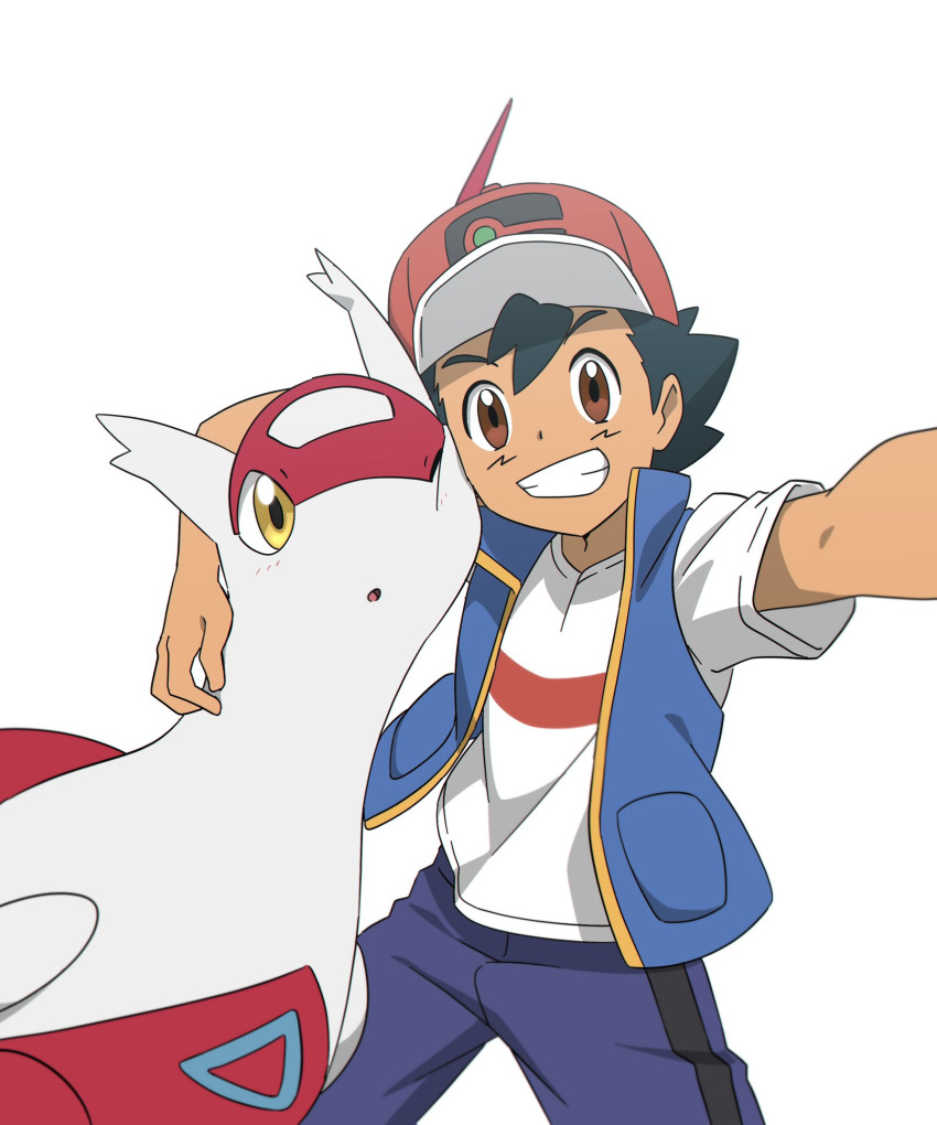 1boy ash_ketchum black_hair blue_jacket brown_eyes commentary_request grin hat highres ia_(ilwmael9) jacket latias male_focus outstretched_arm pokemon pokemon_(anime) pokemon_(creature) pokemon_journeys red_headwear selfie shirt short_hair short_sleeves shorts simple_background sleeveless sleeveless_jacket smile t-shirt teeth white_background white_shirt