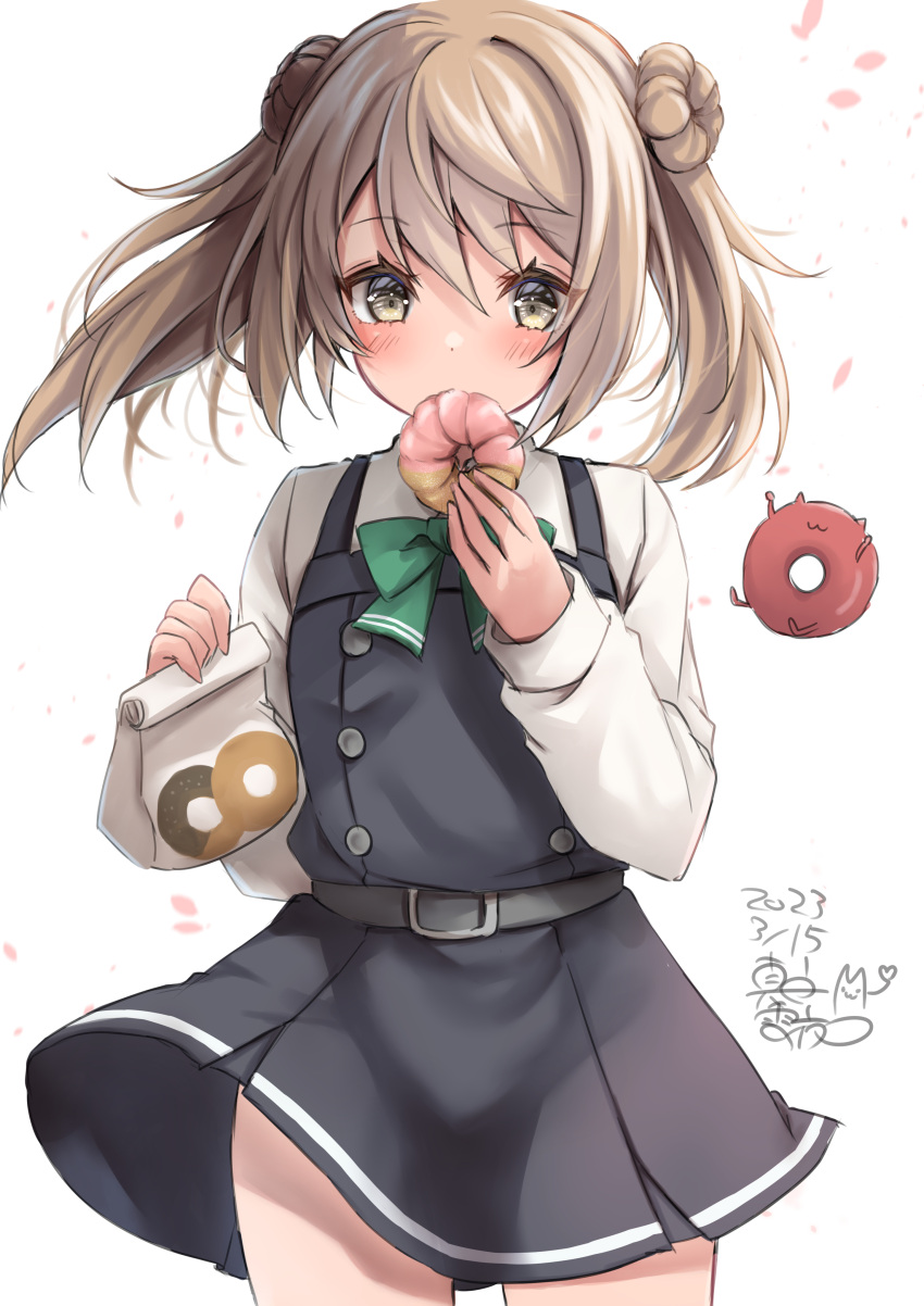 1girl absurdres abyssal_ship artist_name bag belt black_dress brown_eyes cowboy_shot dated double_bun doughnut dress enemy_lifebuoy_(kancolle) food grey_belt hair_bun highres holding holding_food kantai_collection light_brown_hair long_sleeves mashiro_yukiya medium_hair michishio_(kancolle) michishio_kai_ni_(kancolle) one-hour_drawing_challenge paper_bag pinafore_dress shirt signature simple_background solo two_side_up white_background white_shirt