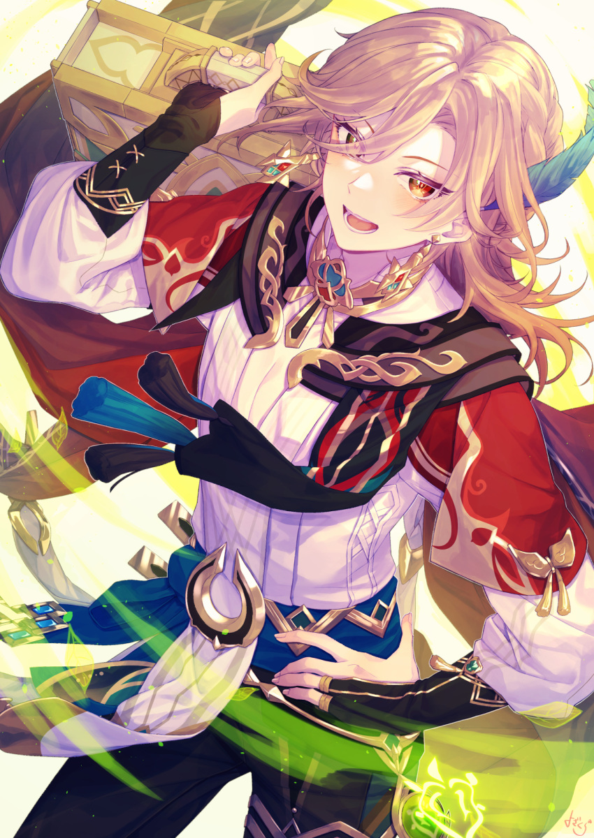 1boy blonde_hair cape commentary_request compression_shirt earrings feather_hair_ornament feathers genshin_impact gold_earrings gold_necklace hair_ornament hand_on_hip highres holding holding_suitcase jewelry kaveh_(genshin_impact) long_hair long_sleeves looking_at_viewer male_focus mandarin_collar mirurukka necklace open_mouth orange_eyes puffy_long_sleeves puffy_sleeves red_cape shoulder_cape smile solo suitcase