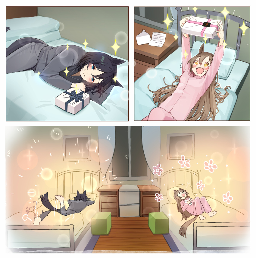 +_+ alternate_hairstyle animal_ears bed black_hair blue_eyes blush breasts brown_eyes brown_hair closed_mouth commentary_request curtains eishin_flash_(umamusume) gift hair_between_eyes hair_ornament happy highres horse_ears horse_tail kogomiza long_hair lying medium_breasts pajamas pillow smart_falcon_(umamusume) sparkle tail umamusume window