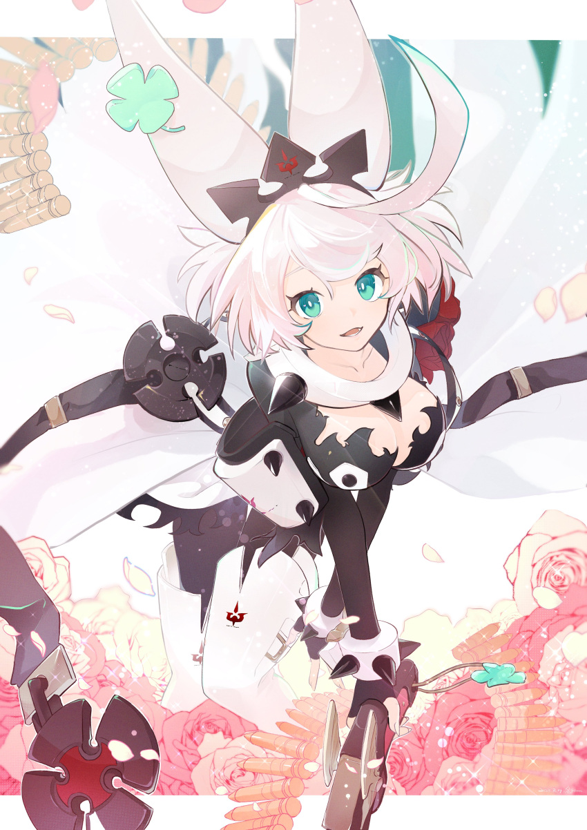 1girl absurdres ahoge aqua_eyes bracelet cleavage_cutout clothing_cutout clover collar dress elphelt_valentine flower four-leaf_clover guilty_gear guilty_gear_xrd hairband highres huge_ahoge jewelry kousuke_(kari) looking_at_viewer medium_hair pink_flower pink_rose red_flower red_rose rose spiked_bracelet spiked_collar spiked_hairband spikes wedding_dress white_hair